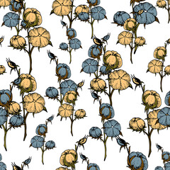 Delicate and feminine patterns with their depiction of a cotton seed boll. Elegant twigs intertwined into endless ornaments for textile printing or wallpaper.