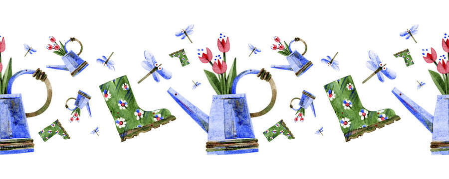 Seamless border. Tulips in a watering can, rubber boots, flying dragonflies. Hand-drawn watercolor illustrations on a white background. Design for adhesive tape, wallpaper, textiles, packaging.
