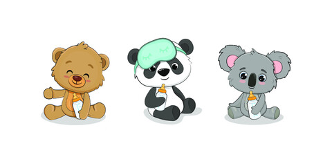 Teddy bear, baby panda and koala cub with milk bottle. Set of cartoon baby animals. Vector illustration