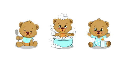 Set of cute cartoon teddy bear. Teddy bear with baby bottle. Teddy bear in the bath.Vector illustration