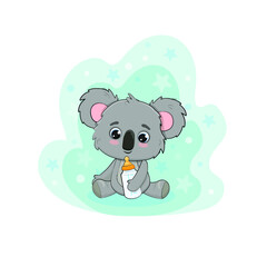 Cute cartoon koala baby on blue background.Koala cub with milk bottle.Vector illustration