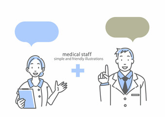 笑顔で説明する医師と看護師　シンプルでお洒落な線画イラスト