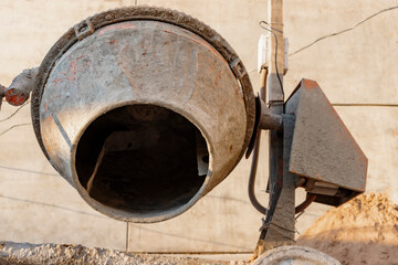 Industrial concrete mixer at a construction site. Preparation of concrete and mortar.