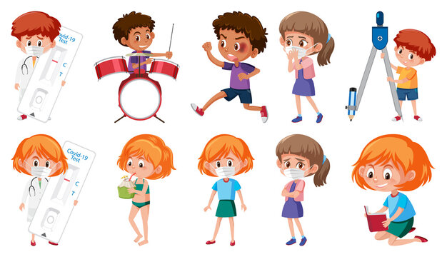 Set of children doing different activities on white background