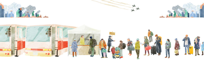 バスに並ぶ避難する人たち手描き水彩風イラスト
 - obrazy, fototapety, plakaty