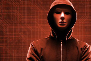 Computer Hacker in Hoodie. Obscured Dark Face. Hacker Attack, Virus Infected Software, Dark Web and Cyber Security Concept .