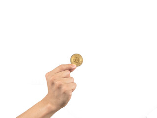 Finger holding golden bitcoin white isolated,Hand keep gold bitcoin digital money