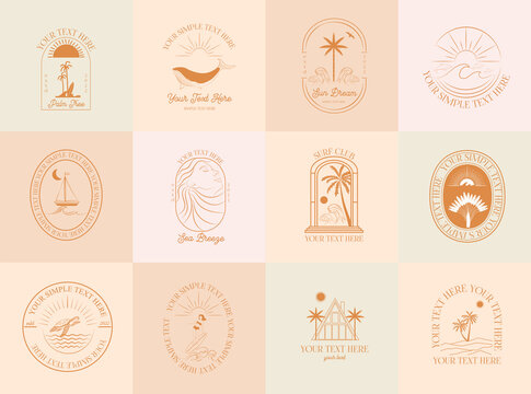 Collection of Summer, Sea, Surfing, Tropical linear logos, symbols, icons design template. Editable vector logotype.