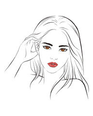 girl face long hair portrait isolated on white background. hand drawn vector illustration