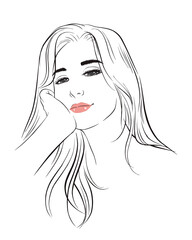 girl face long hair portrait isolated on white background. hand drawn vector illustration