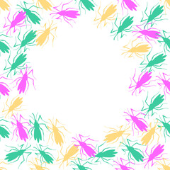 Fototapeta na wymiar Vector frame, border from pink, green, yellow small mosquitoes, moths or beetles in flat style. Multicolor background, decoration with insects, bloodsuckers, pests