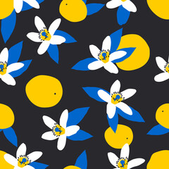 Seamless pattern of citrus fruits and flowers on a black background. Modern tropical orange design for printing on fabrics, textiles, decorative paper. 