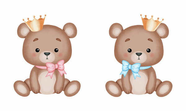 Cute little teddy bear with crown and ribbon. Watercolor style vector design