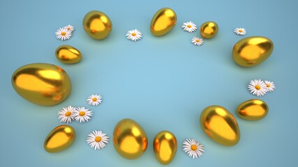 Fototapeta na wymiar Golden Easter Eggs Daisy Flowers