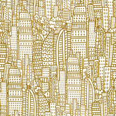 big city metropolis with modern buildings and skyscrapers in a doodle style. Seamless vector pattern