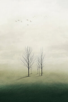 illustration of a green landscape with bare trees