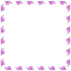 Obraz premium Vector square border, frame of pink cute snails in flat style. Simple background, decoration for Natural design, kids theme