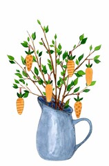Easter composition in the jug with green branches and decorative carrots. Hand drawn watercolor illustration isolated on white background. Decoration template