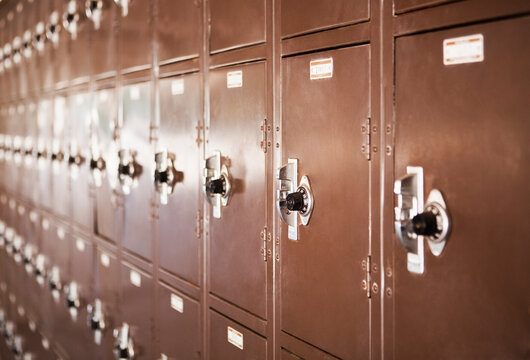 Wall of high school lockers, in rows.