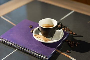 Espresso coffee served on a restaurant table