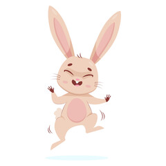 Funny bunny jumping cartoon vector illustration. Cute rodent with closed eyes dancing or moving, smiling and having fun on white background. Wildlife animal, action concept