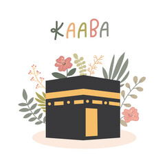 Kaaba flat design floral decoration illustration for ramadan,  islamic hajj pilgrimage free Vector