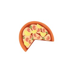 Italian pizza with sea food ingredients. Italy meal with shrimps, cheese, pineapple. Snack with prawns, mozzarella, olives and cut absent piece. Flat vector illustration isolated on white background