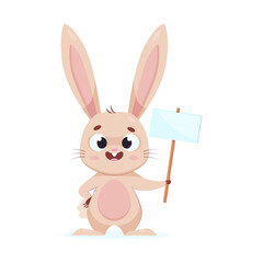 Bunny holding sign with blank space cartoon vector illustration. Cute fluffy easter rabbit with empty tablet for texts on white background. Wildlife animal concept