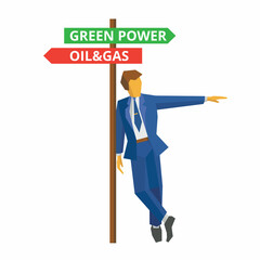 Businessman standing near pointer with text about oil, gas and renewable power. Business concept - choice, alternative energy, eco friendly technologies. Flat vector clip art on white background. 