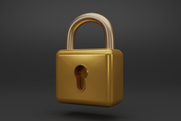 3D render golden Padlock icon  isolated on dark background. minimal gold lock. 3d render illustration.