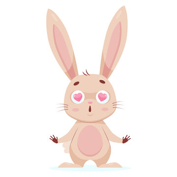 Cute rabbit with hearts in eyes cartoon vector illustration. Pretty fluffy bunny in love, standing on white background. Wildlife animal, romantic relationship concept