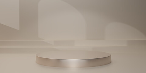 Shiny Ivory color round pedestal  with light and shadow on studio  backdrops. Beige  Blank display or clean room for showing product. Minimalist mockup for podium display or showcase. 3D rendering.