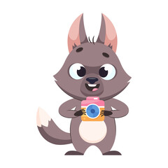 Happy wolf holding camera cartoon vector illustration. Pretty gray animal taking picture, standing on white background. Wildlife animal, predator, photography concept