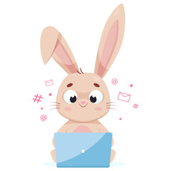 Cute rabbit working on laptop cartoon vector illustration. Adorable furry bunny sitting and looking at laptop screen, chatting with friends and smiling. Wildlife animal, friendship concept