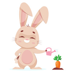 Rabbit watering carrot in seedbed cartoon vector illustration. Funny bunny with closed eyes standing, holding watering can and smiling. Wildlife animal, food, gardening concept