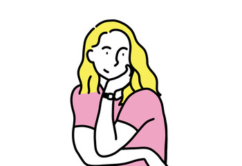 考え事をしている金髪の女の人。