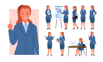 Businesswoman in formal suit poses set vector illustration. Cartoon adult woman manager working, professional female office worker standing at presentation, lady employee with laptop isolated on white