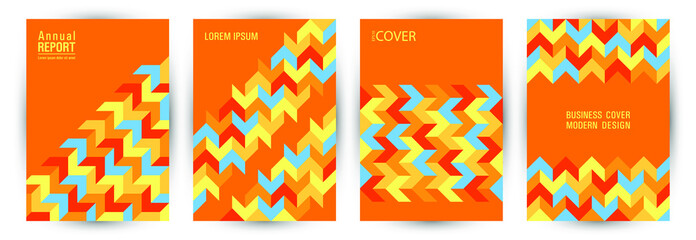 Obraz premium Orange blue yellow dynamic geometric backgrounds business brochure cover page layout template vector collection. Banners, posters, booklet covers set.