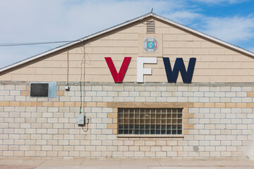 VFW building, the Veterans of Foreign Wars organization, sign and window. 