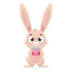 Obraz premium Bunny with gift box cartoon vector illustration. Happy rabbit holding present for birthday party, smiling and standing on white background Wildlife animal, celebration concept