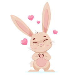 Cute rabbit showing heart with paws cartoon vector illustration. Adorable fluffy bunny standing and smiling with closed eyes. Wildlife animal, love, happiness concept