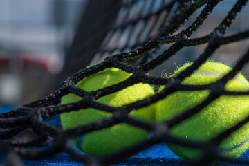 selective approach, two paddle tennis balls behind the net of a blue paddle tennis court