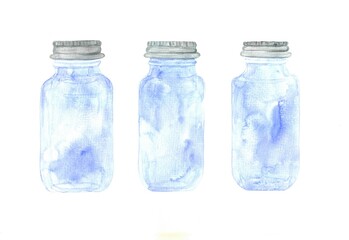 watercolor empty glass jars with metal lids. Template for vegetable and fruit juices and canned food. A label with an empty space for your text