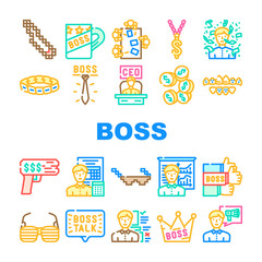 Boss Leader Businessman Accessory Icons Set Vector. Boss Ceramic Cup And Mug, Tie And Chain With Dollar, Money Gun And Crown, Sunglasses And Jewellery Golden Bracelet Color Illustrations