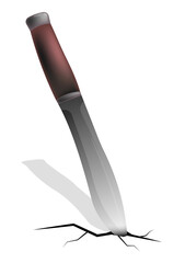 hunting knife stuck in ground with cracks. Cleavage from being stabbed into ground. Color vector concept isolated on white background