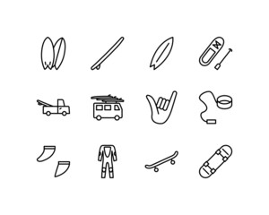 Surfing flat line icons set. Surf equipment and Stand-Up Paddle elements. Simple flat vector illustration for web site or mobile app