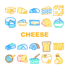 Cheese Dairy Delicious Nutrition Icons Set Vector. Cheddar And Mozzarella, Blue Cheese And Feta, Gouda And Camembert, Swiss And Mascarpone Milky Eatery Food. Tasty Nutrient Color Illustrations