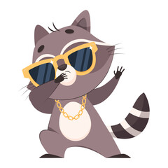 Racoon wearing sunglasses and gold necklace. Funny confident mammal standing on white background and dancing cartoon vector illustration. Wildlife animal, power concept