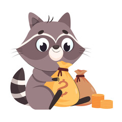 Happy racoon with money bags cartoon vector illustration. Adorable furry mammal sitting and looking on gold coins or stack of money. Wildlife animal, wealth concept