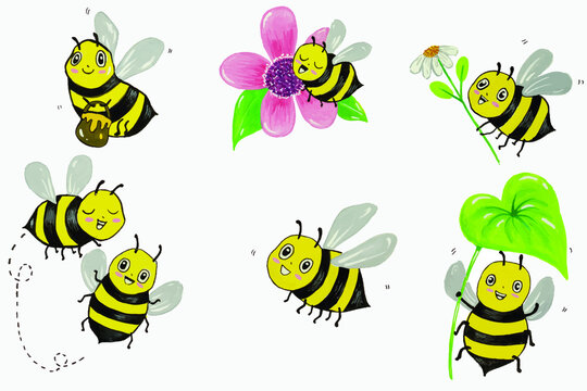 Bee cartoon charector watercolor hand drawn collection